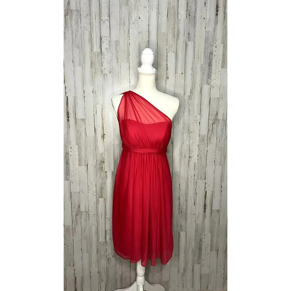 David's‎ Bridal Women's 2 Red/Cherry One Shoulder Short Dress w/ Illusion Neck - Picture 2 of 7